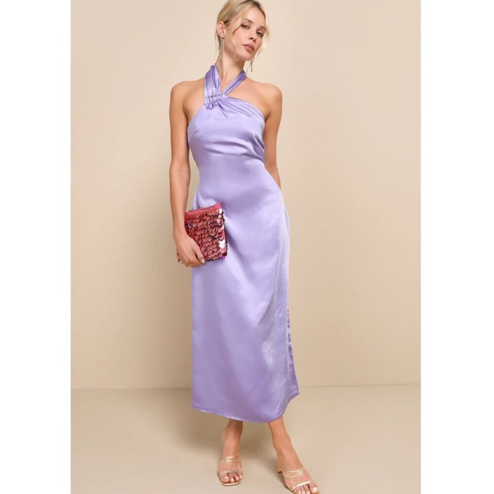 Lulus Perfectly Sleek Lavender Satin Halter Slip Midi Dress, #2302171, Sz M, $40